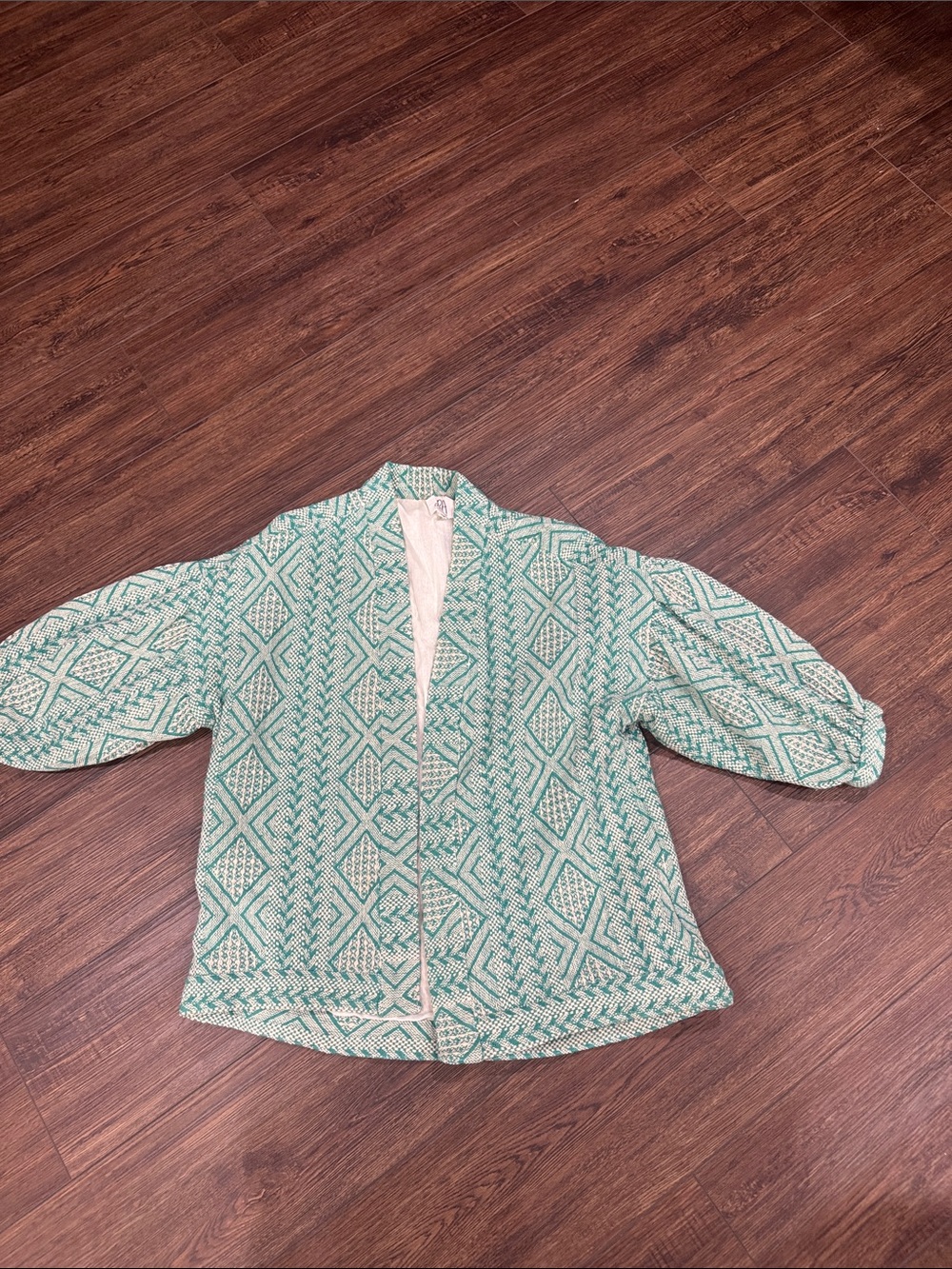 JRA Los Angeles Woven Open-Front Mint Green Jacket quart sleeve, tweed